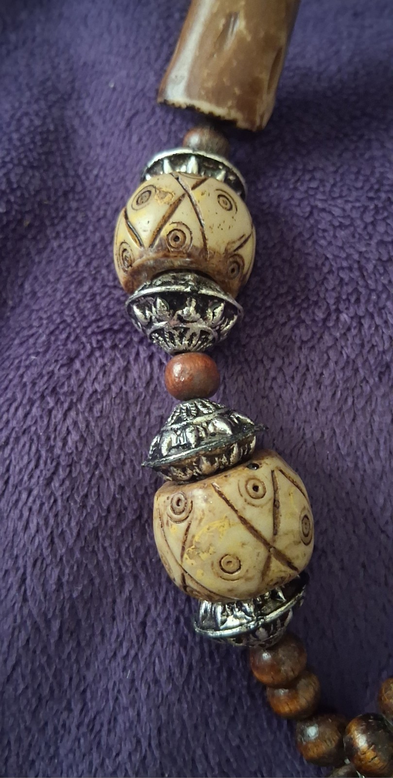 Vintage Tribal Artisan Batik Bovine Bone & Carved Horn Statement Necklace