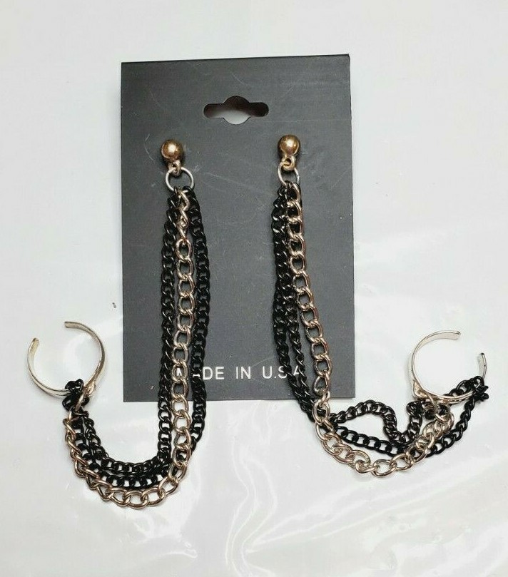 Black Metallic Post Back Earrings Dangle W Ear Cuff Made IN USA New 4 Inch