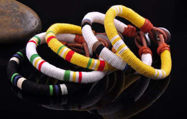 S471 Surfer Cotton Wrap Leather Men’s Leather Wristband Bracelet Cuff Yellow B