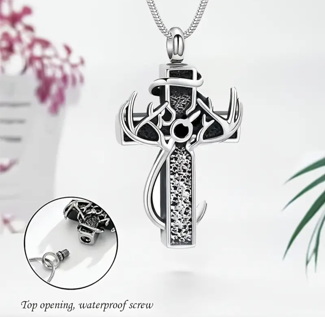 Cremation Jewelry Cylinder Urn Cross Stainless Necklace Pendant for Ashes Hunter