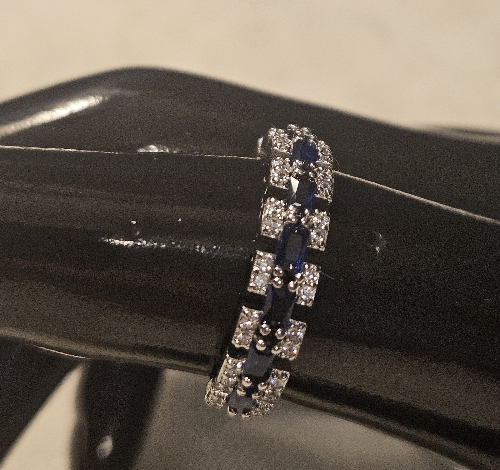 Silver Tone Ring with Blue and White Synthetic Zircon Stones, Size 8
