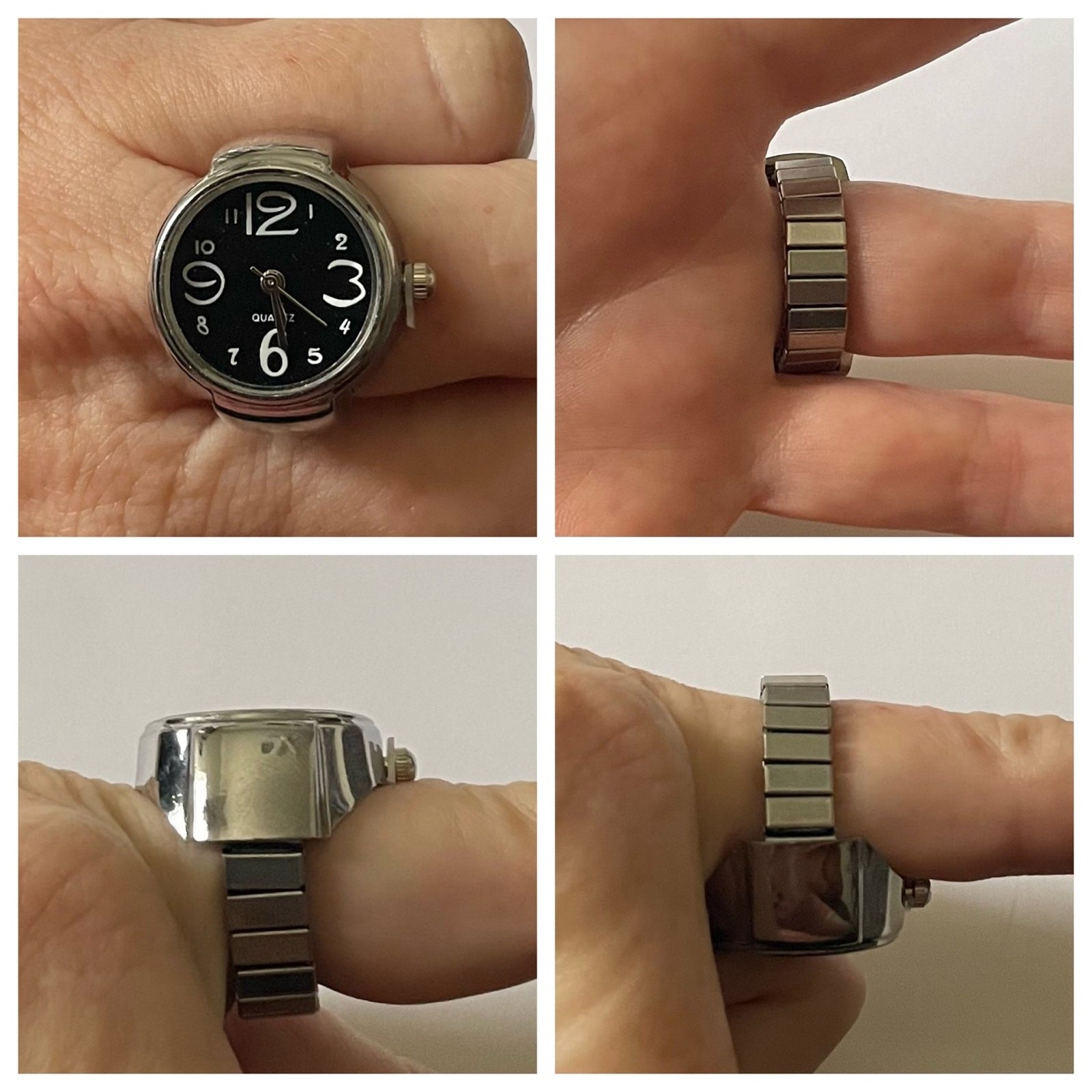 Retro Silver with White Stainless Steel Stretch Band Quartz Movement Ring Watch