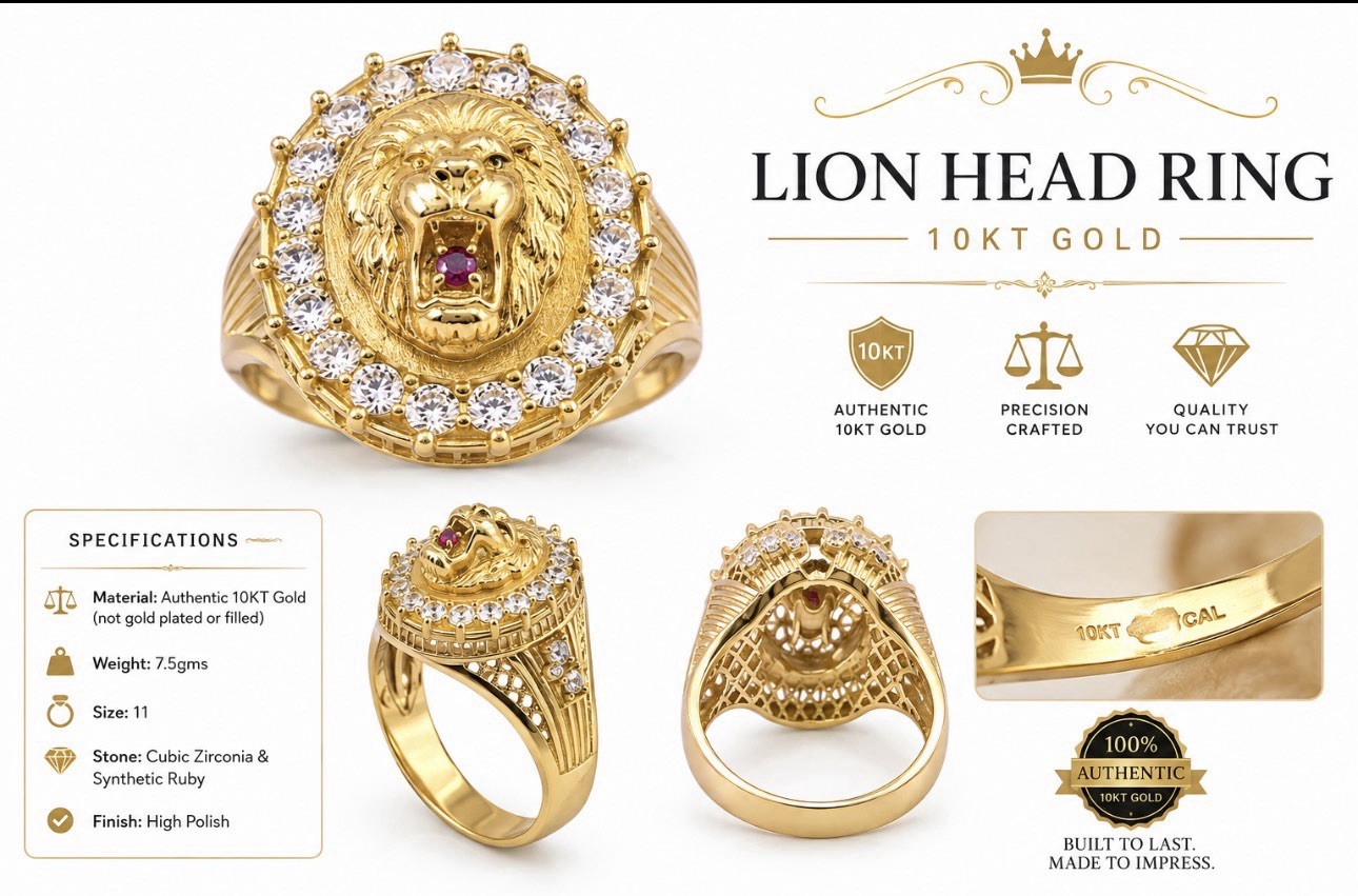 10kt Gold Lion Head Ring With Cz