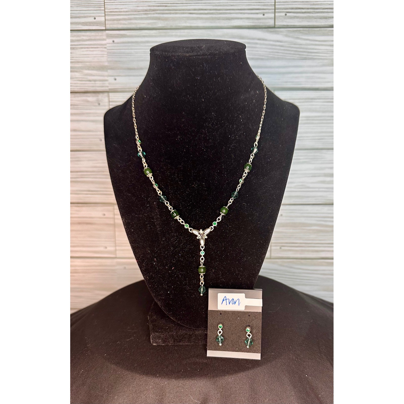 Avon Jewelry Set Vintage Green Butterfly Y-Necklace and Beaded Earrings