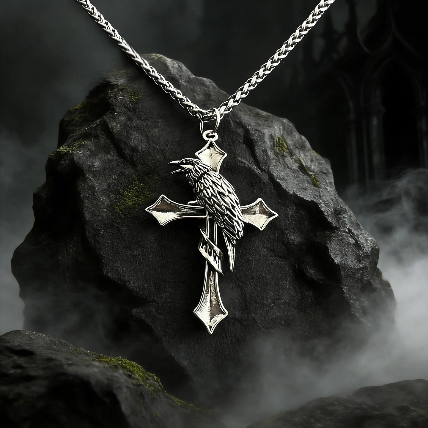 Gothic Raven Cross Pendant Punk Necklace for Men Surgical Steel 24″ Wheat Chain