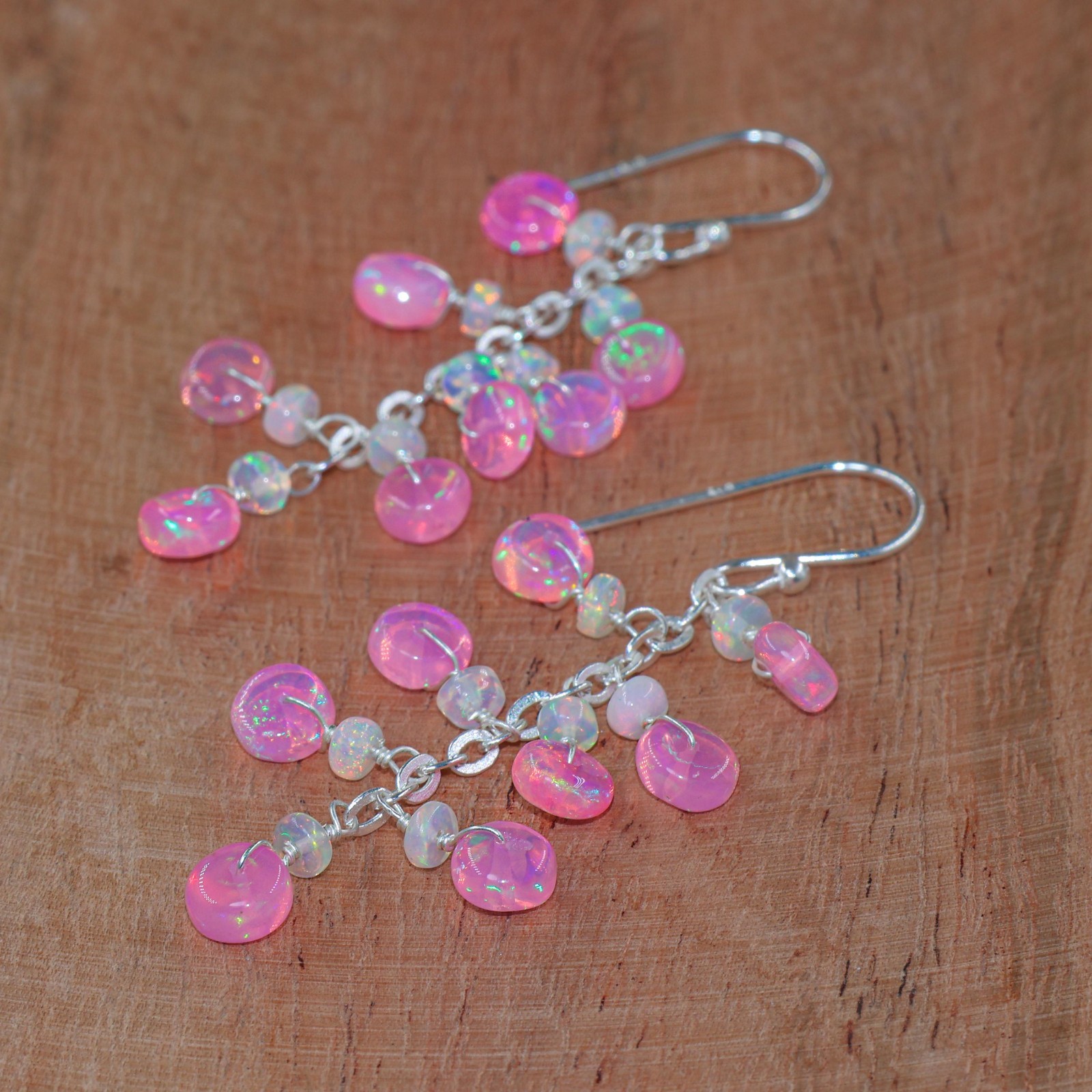Natural Pink and White Opal Gemstone Cluster Earring, Fire Opal Round Beads