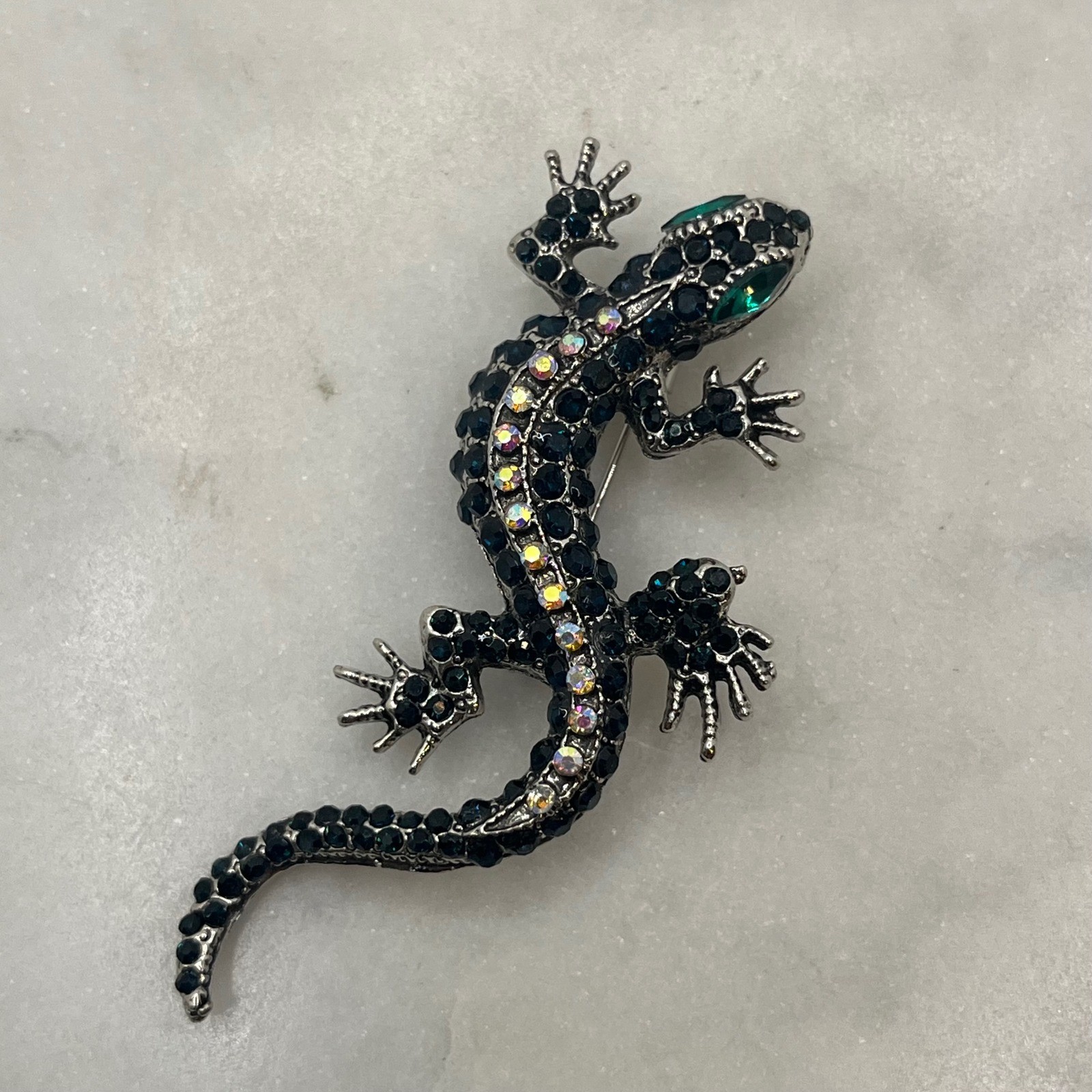 Rhinestone Lizard Brooch Pin Black Gecko Reptile Statement Emerald Green Jewelry