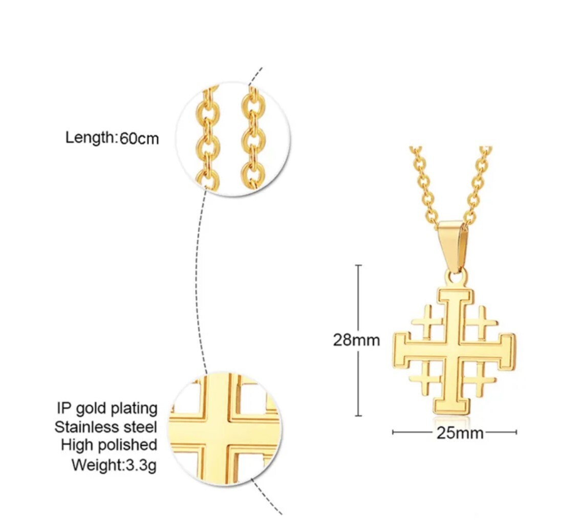 Gold Plated Stainless Steel Jerusalem Cross pendant + 60cm (23.6 in) chain