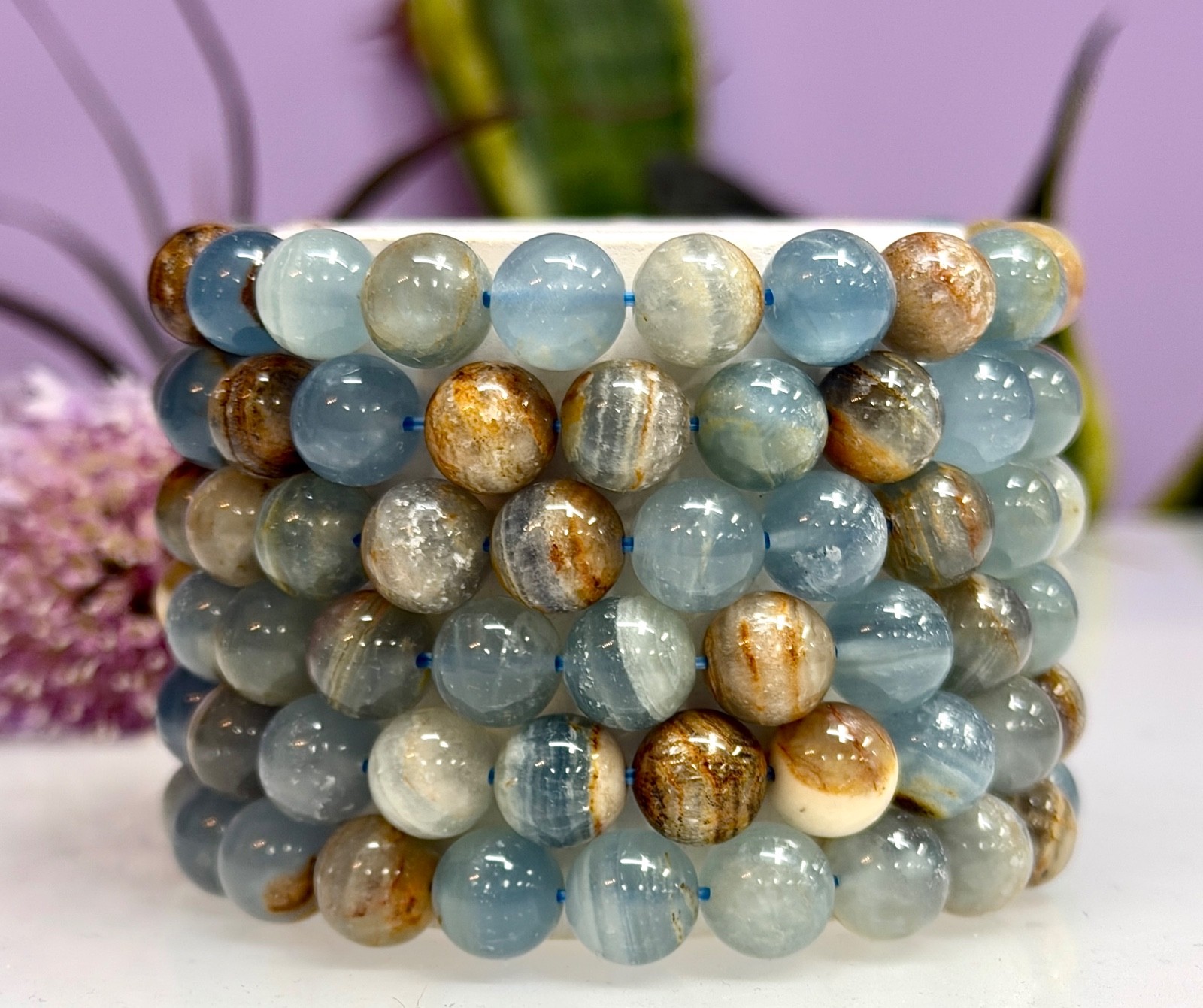 Wholesale 6 Pcs Natural Aquatine Lemurian Calcite 9-10mm 8” Crystal Bracelet