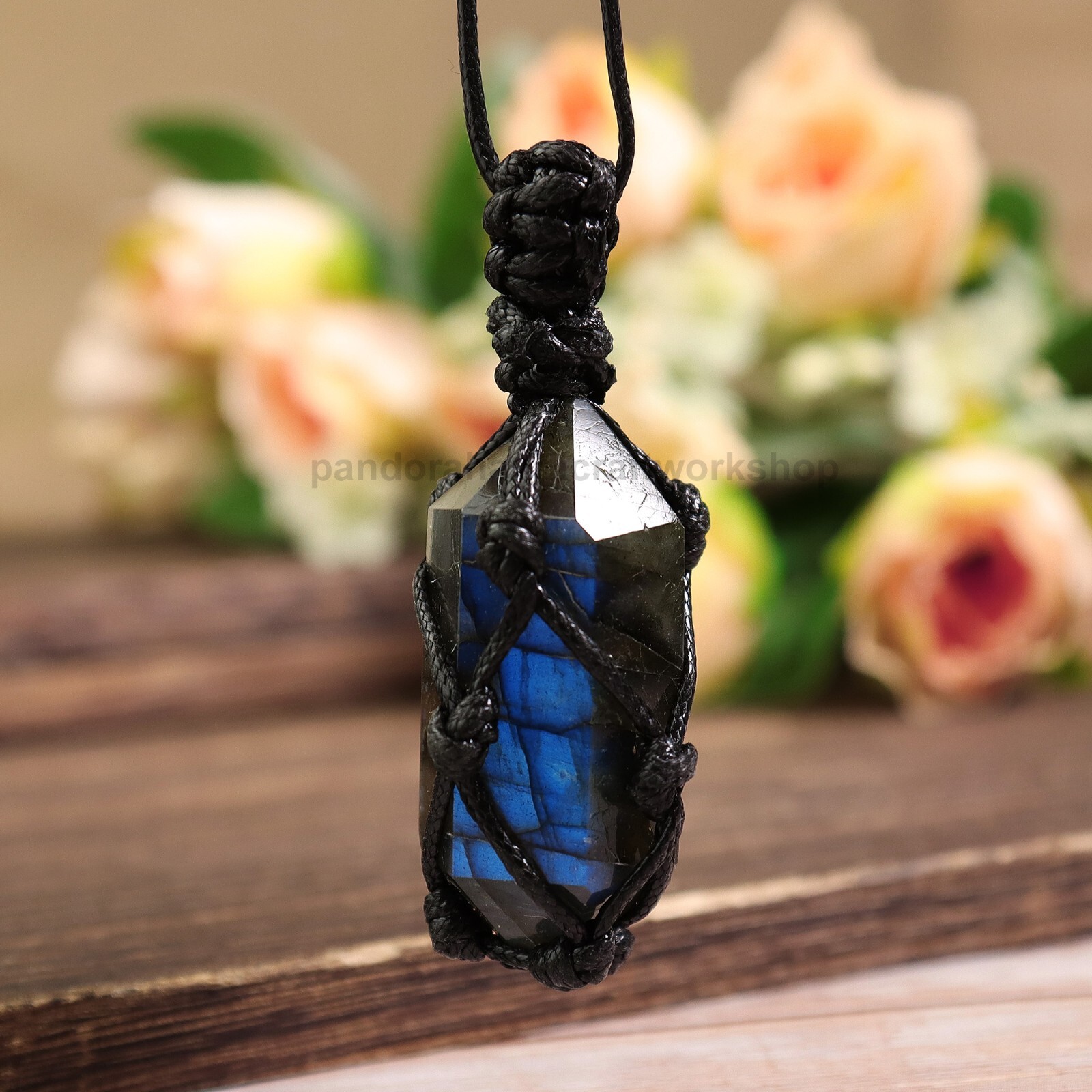 Natural Labradorite Hexagonal Point Pendant Healing Amulet Wrap Necklace Gifts