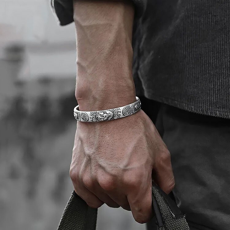 Men Vintage Silver Pixiu Cuff Bracelet Adjustable Wrist Bangle Lucky Bracelet