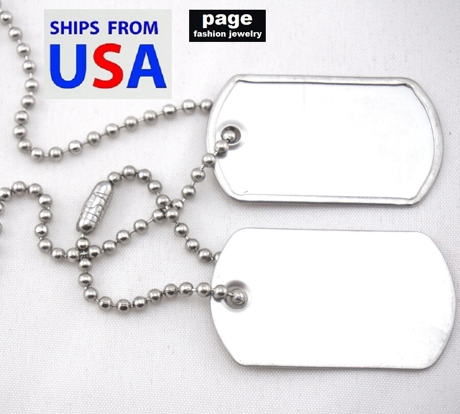 Stainless Steel Military Spec. Blank Double Dog Tags w/30″ + 4″ Chains Necklace