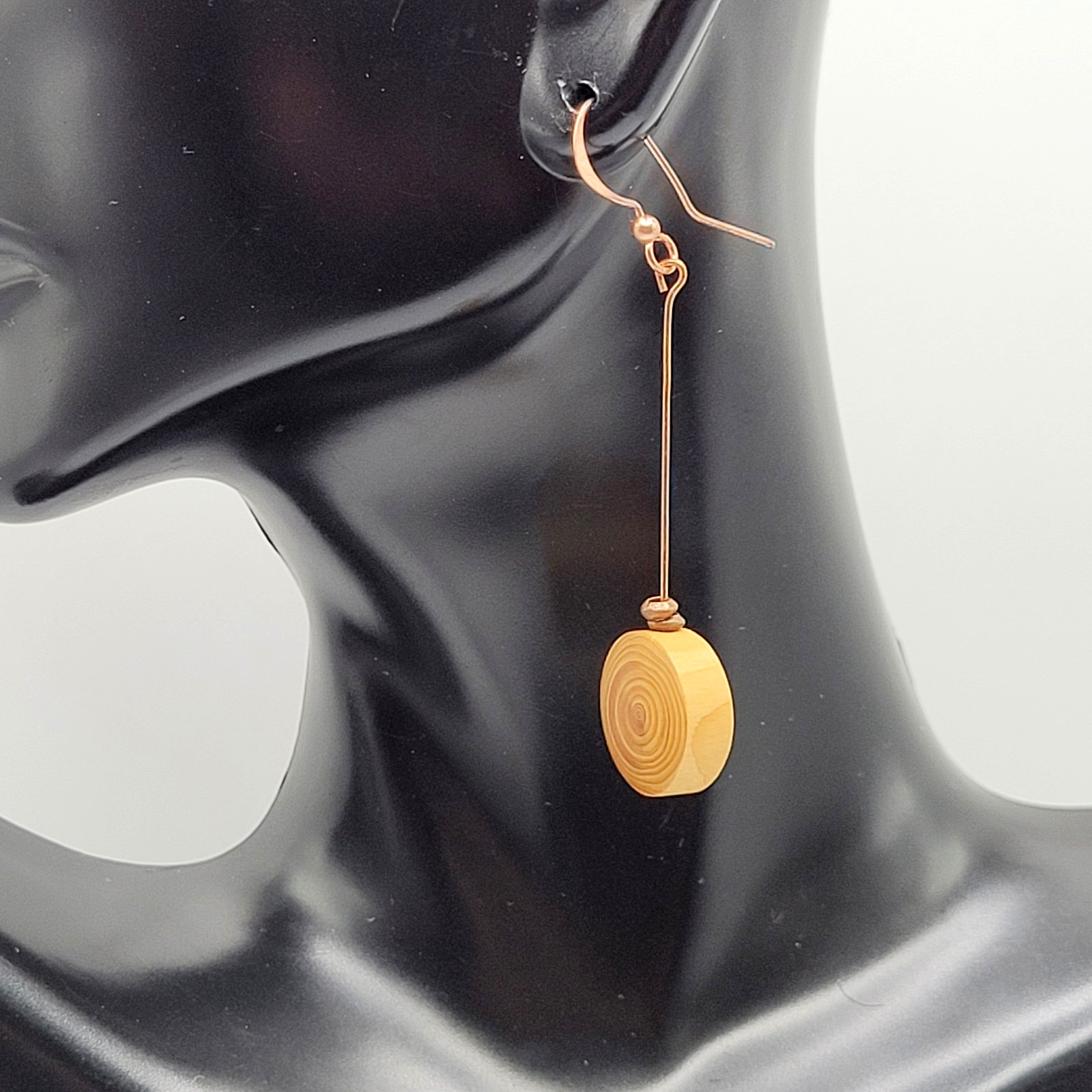 Artisan Handcrafted Round Wood Slice Drop Earrings Long Copper Wire Tree Ring