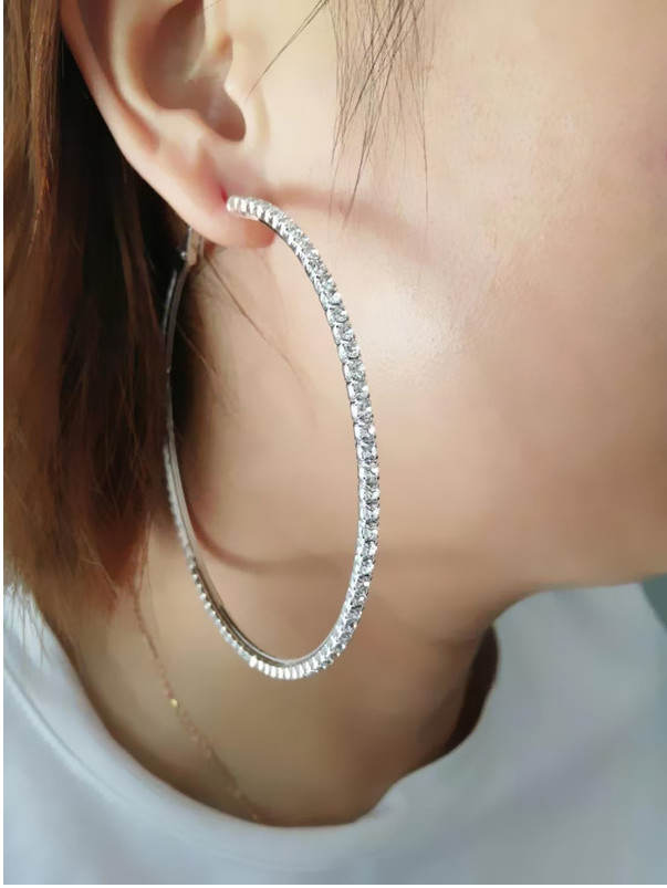 Bling Bling 3″ Silver Rhinestone Crystal Hoop Earrings Big Circle Celebrity