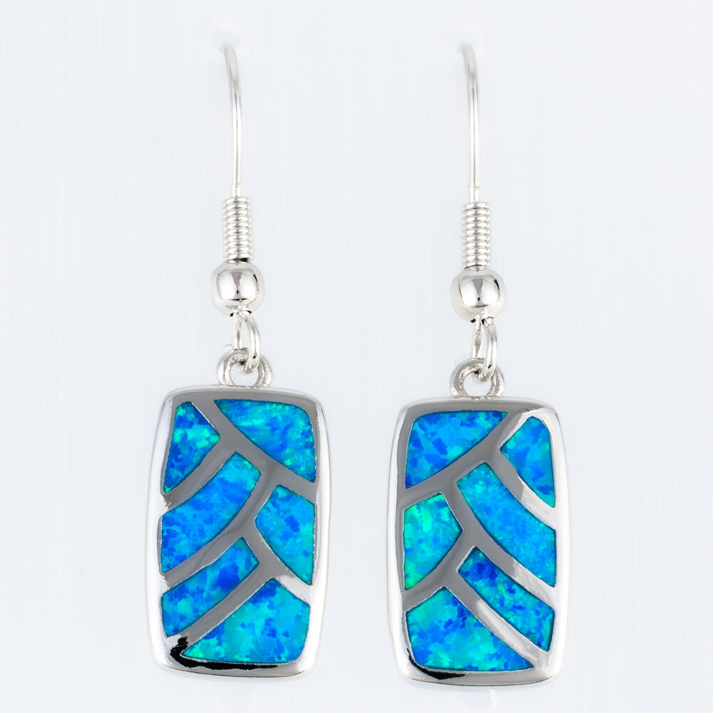 Rectangle Shape Ocean Blue Fire Opal Silver Jewelry Dangle Drop Earrings