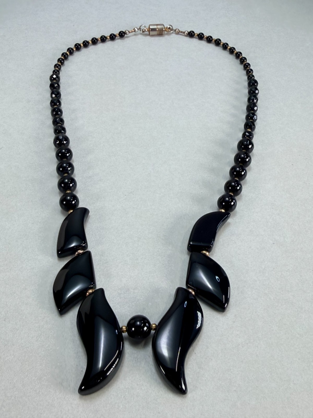 Vintage Black Onyx Smooth Collar Necklace Statement Beaded Gold Tone