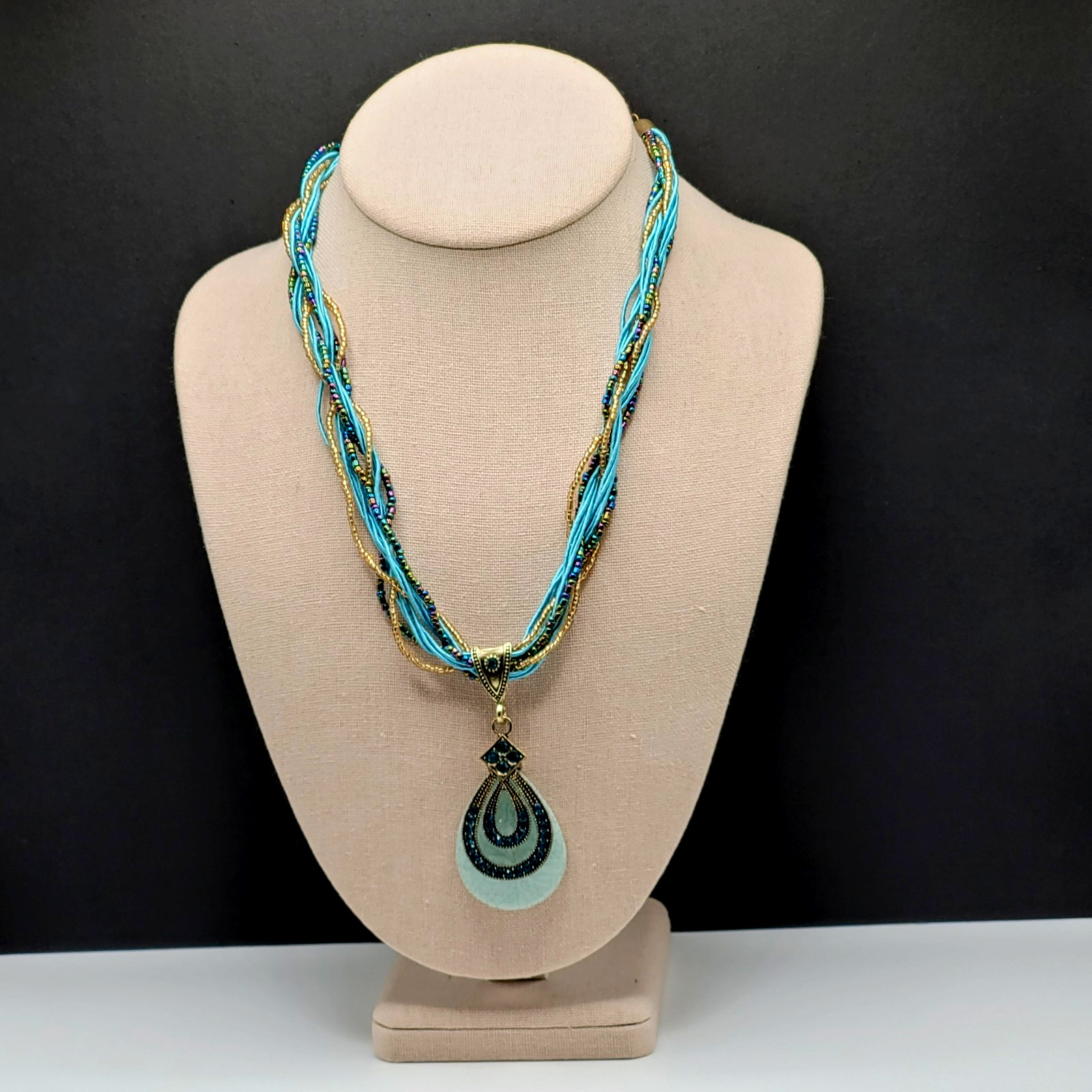 Modern Braided Multi Strand Peacock Colors Crystal Faux Stone Pendant Necklace
