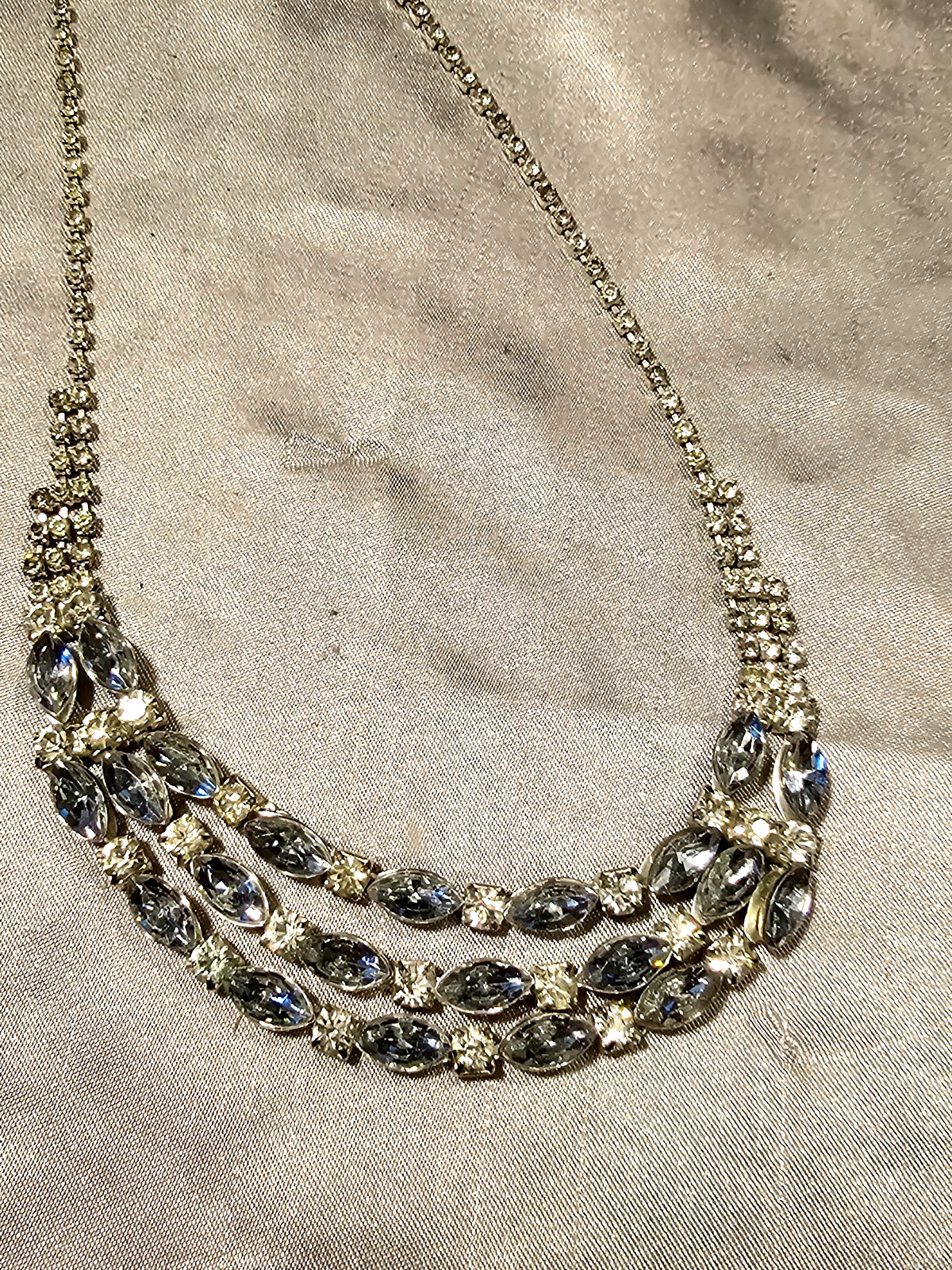 Premier Designs Silver Triple‑Row Crystal Necklace Clear Faceted Stones