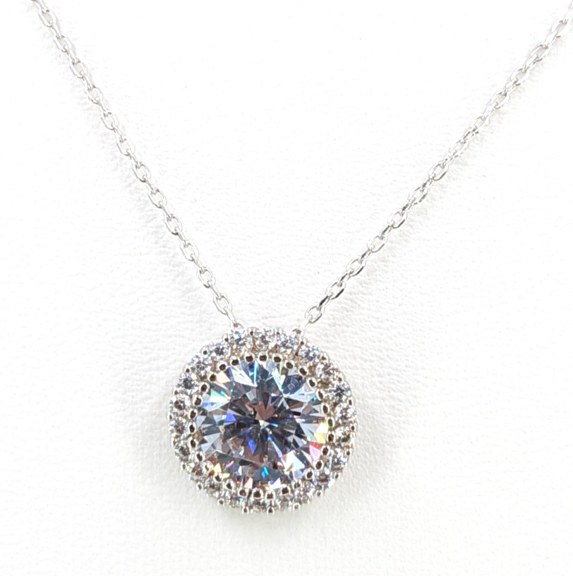 Signed 925 CZ Halo Pendant Necklace Round Clear Stone Silver China 18in 3 Gram