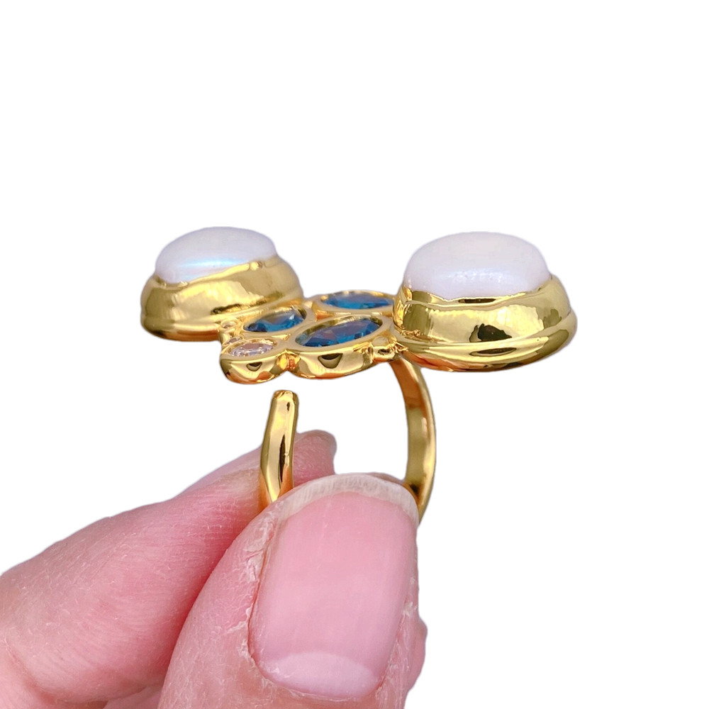 Freshwater White Pearl Blue Cz Pave Gold Plated Finger Ring