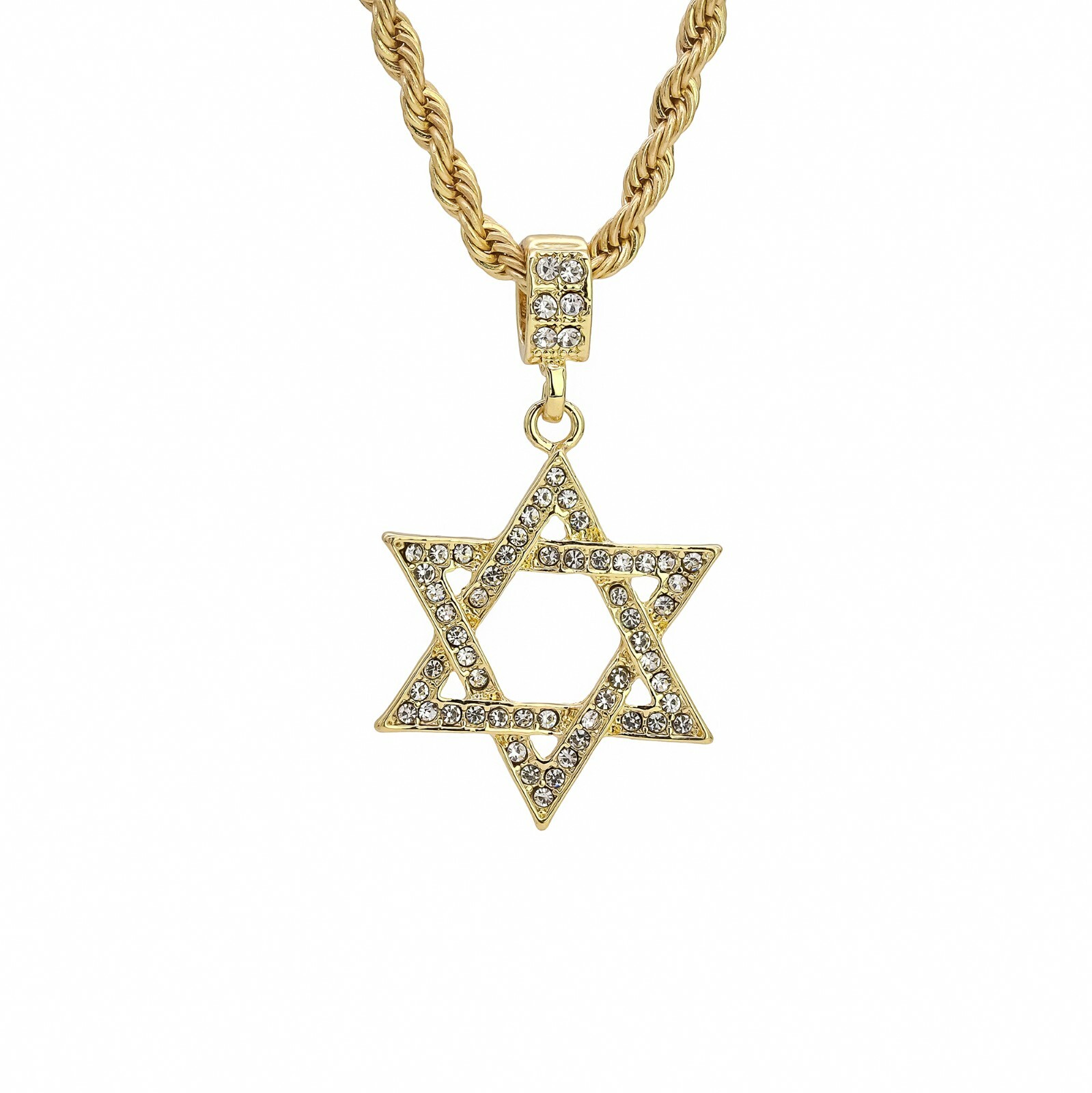 Star Of David Pendant Cubic Zirconia 24 Rope Chain Hip Hop 18k Gold Plated