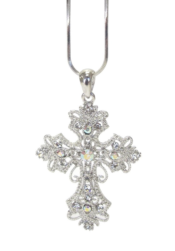 Filigree Cross Necklace White Gold Plated New 1.10″ Pendant Austrian Crystals