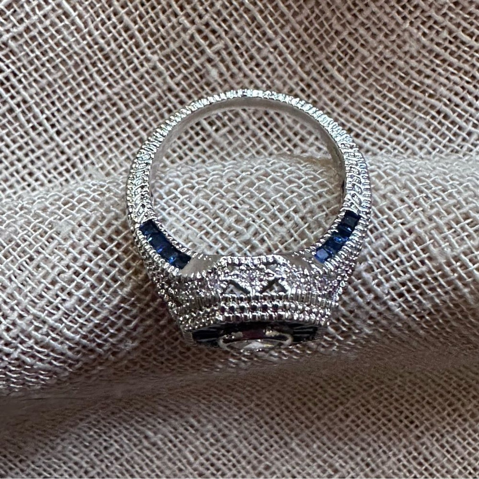 Art Deco Style Sterling Silver and Blue Gemstone Engagement Ring