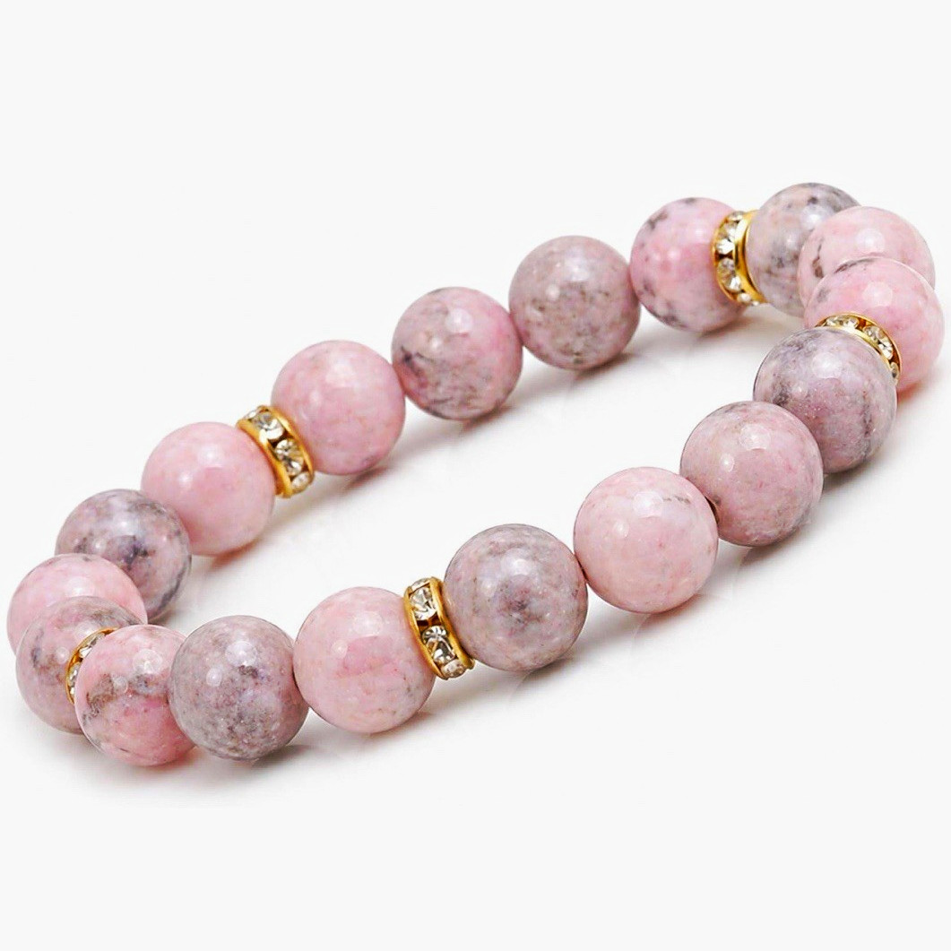 Pink Gray Round Stone Beaded Stretch Bracelet 7-8 in No Clasp