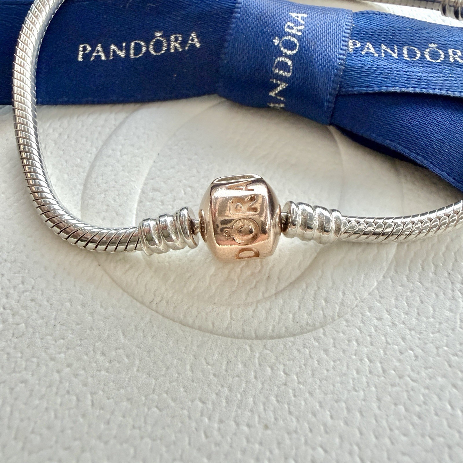 Authentic Pandora Silver ROSE Clasp Moments Snake Chain Bracelet 20cm #580702