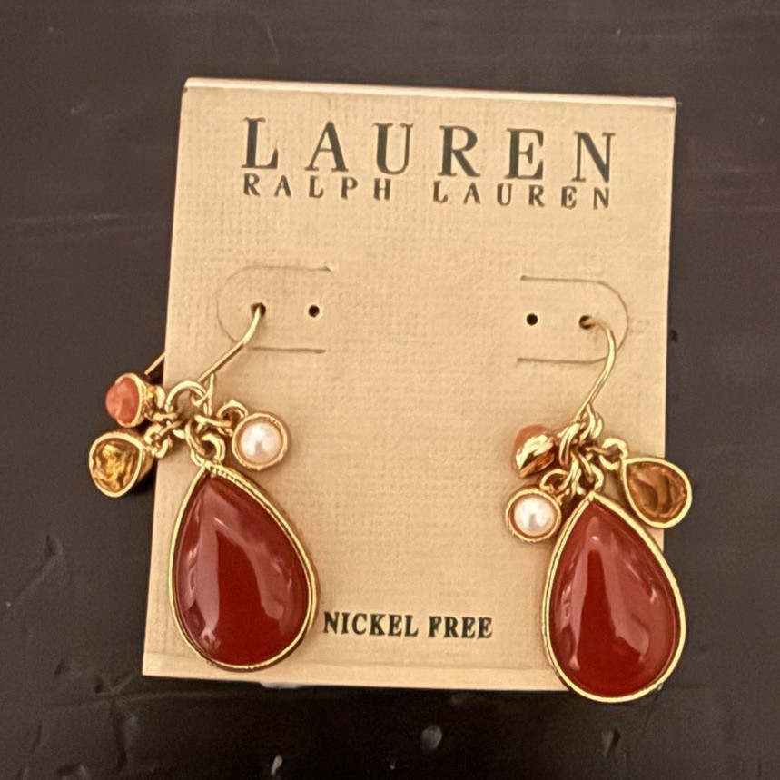 Lauren Ralph Lauren Gold Tone Nickel-Free Red Teardrop Glass Pearl Drop Earrings