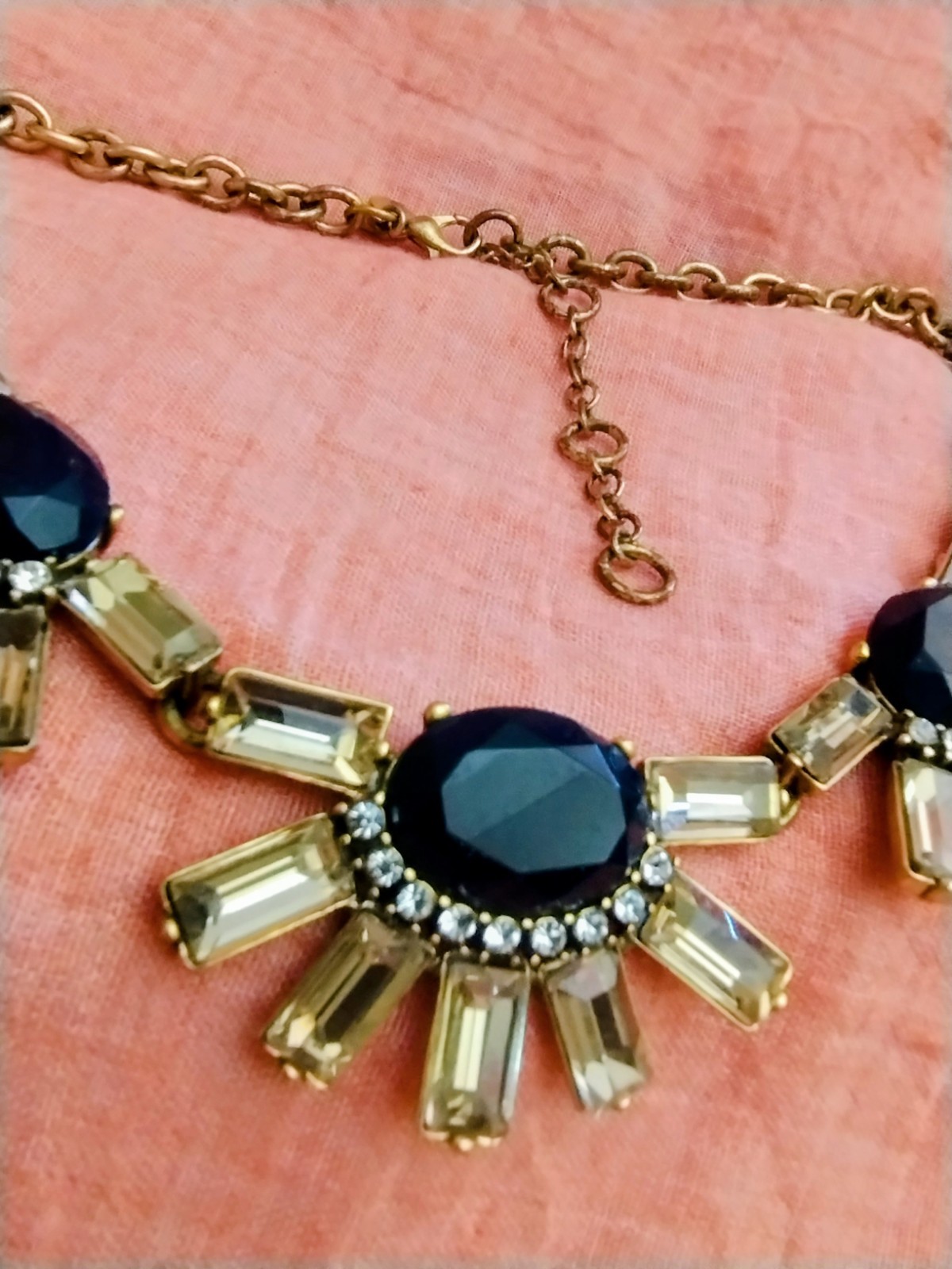 J.Crew Gold Tone Navy Blue Yellow Clear Crystal Rhinestone Sunburst Necklace
