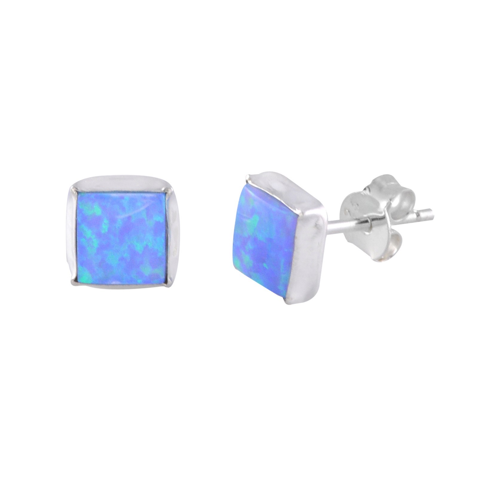 Sterling Silver 7mm Square Opal Gemstone Stud Earrings Periwinkle Green