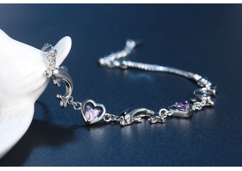 925 Silver Tone Bracelet Anklet Dolphin Heart Link Chain Purple CZ Crystal Gift