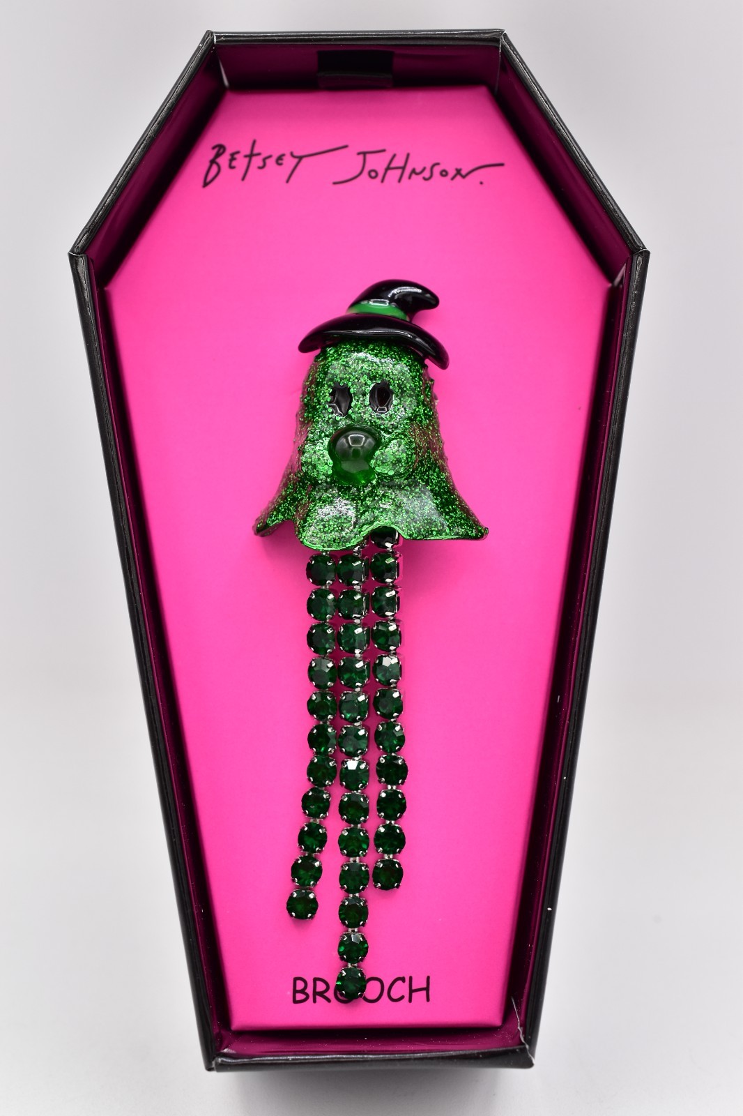 Betsey Johnson Green Ghost Witch Pin Brooch Halloween Green Crystal Glitter NWT