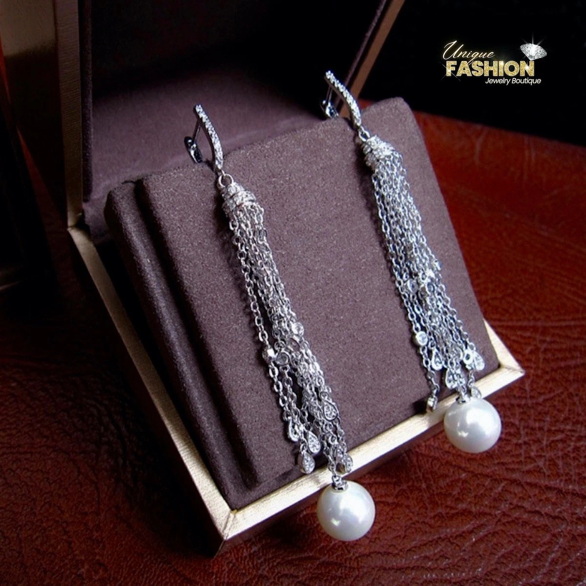 18k White Gold Plated Made Simulated Diamond Tassel Chandelier Earrings Gift