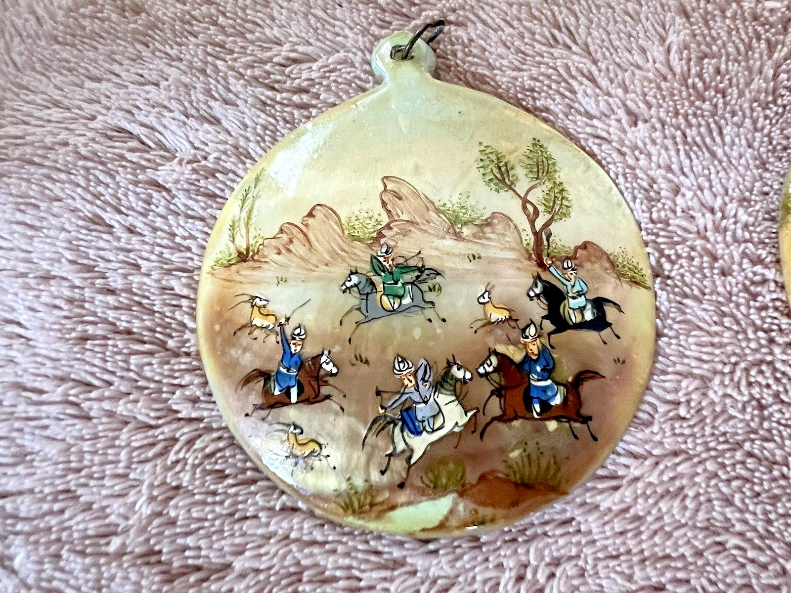 2 Pendant/Earrings Nacre Painted – Asian Centre – 2 3/8in – Fine 19th/Early 20th