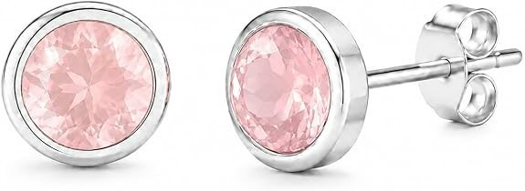JUS 925 Sterling Silver Round Rose Quartz Stud Earrings Bezel Set Pink Gemstone