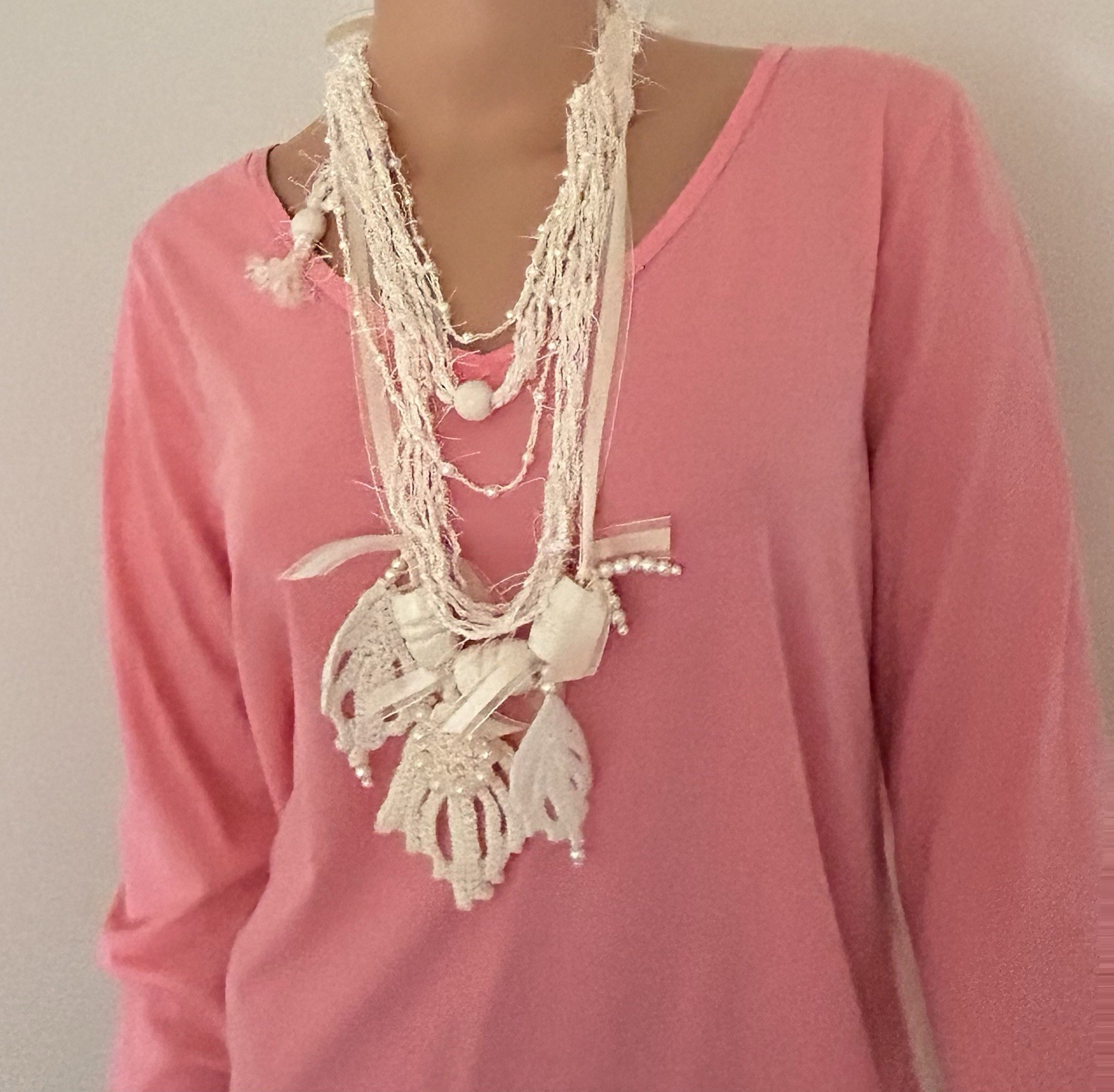 Ivory Layered Beaded Bib Charm Necklace Fabric Ribbon Bohemian Statement