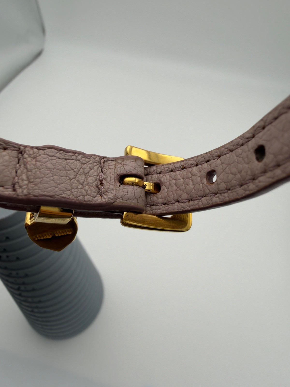 Authentic Miu Miu Pink Beige Leather Bracelet Crystal Charm Gold Tone Hardware