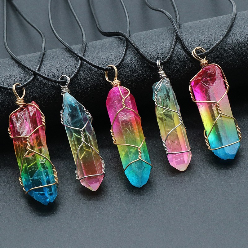 Rainbow Crystal Pillar Necklace Tree of Life Wire Wrap Fashion Jewelry