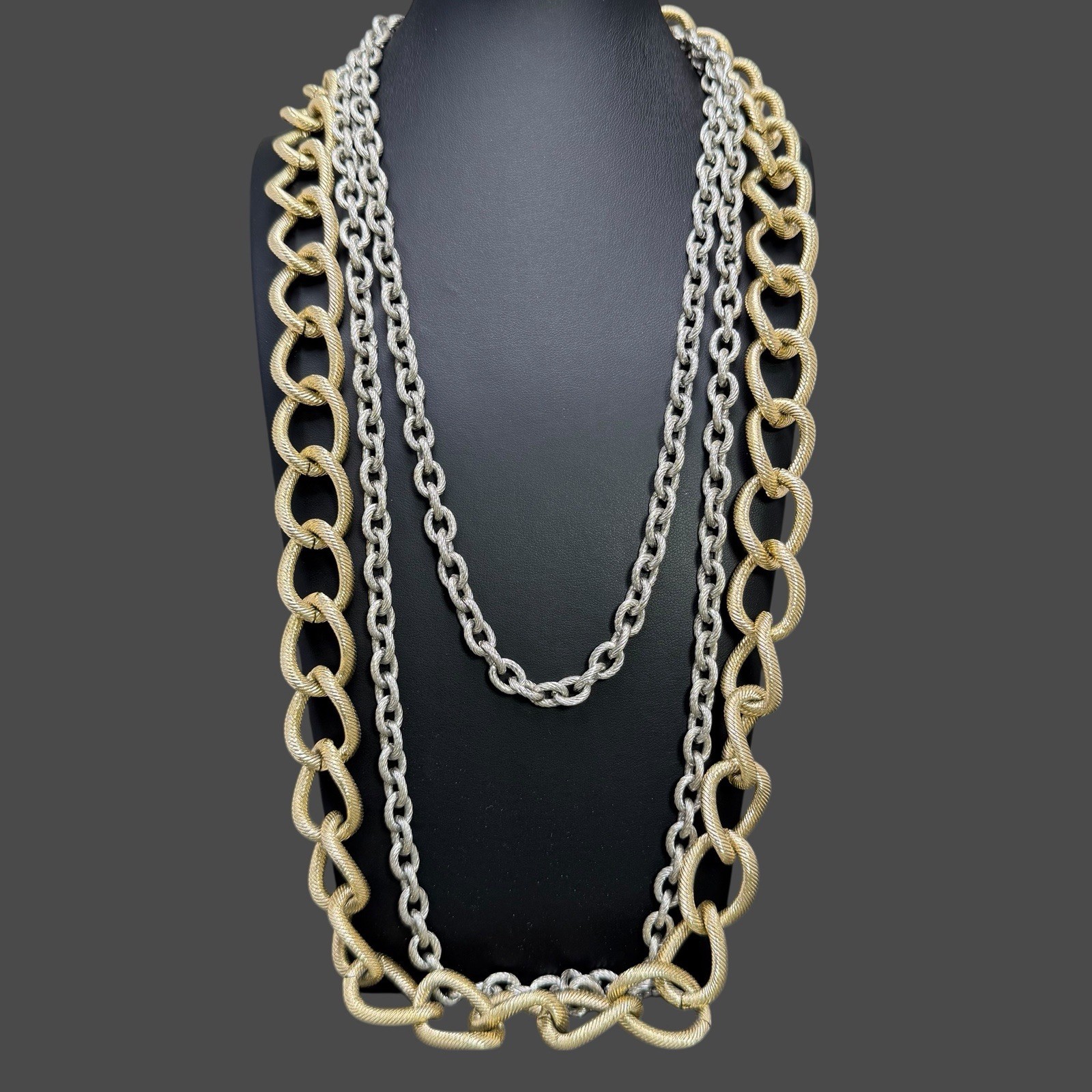 Vintage Lot of 2 Textured Aluminum Chain Link Necklaces Gold Tone & Silver Tone