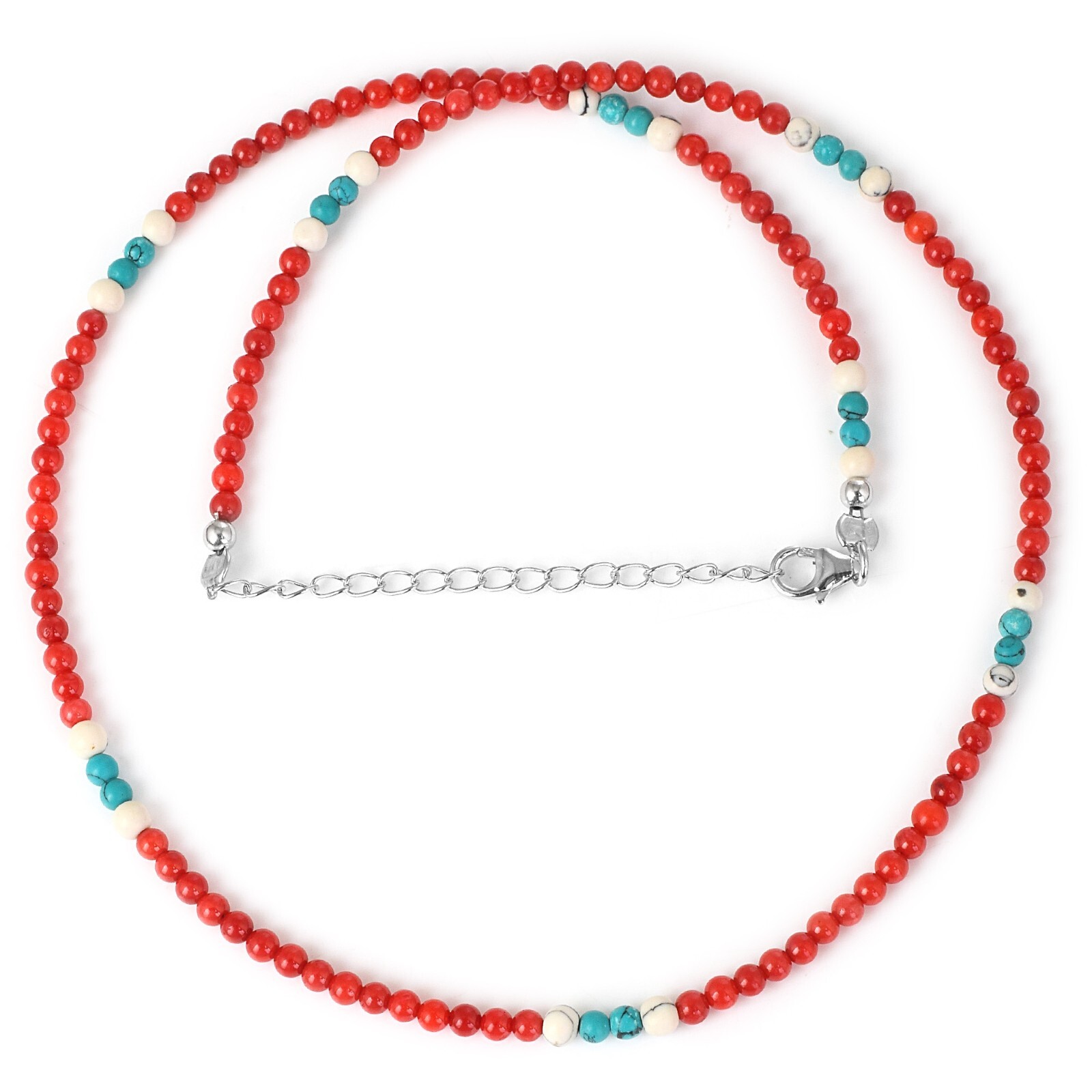 Natural 4mm Blue Turquoise & Red Coral 18″ Gemstone Beaded Ladies Necklace