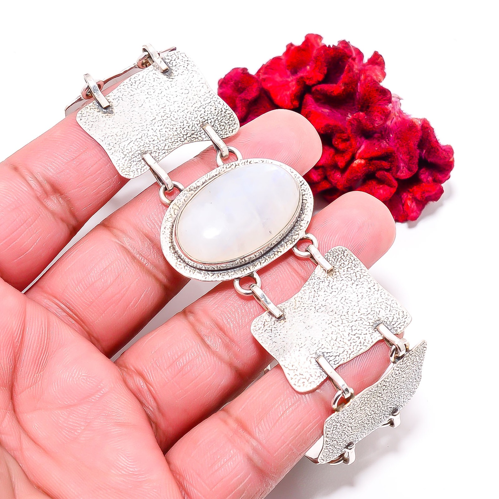 Moonstone – Sri Lanka 925 Sterling Textured Silver Bracelet 8.99″ B84372