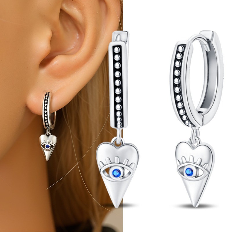 PANDACH 925 Sterling Silver Retro Heart Shape Evil Eye Drop Earrings For Women