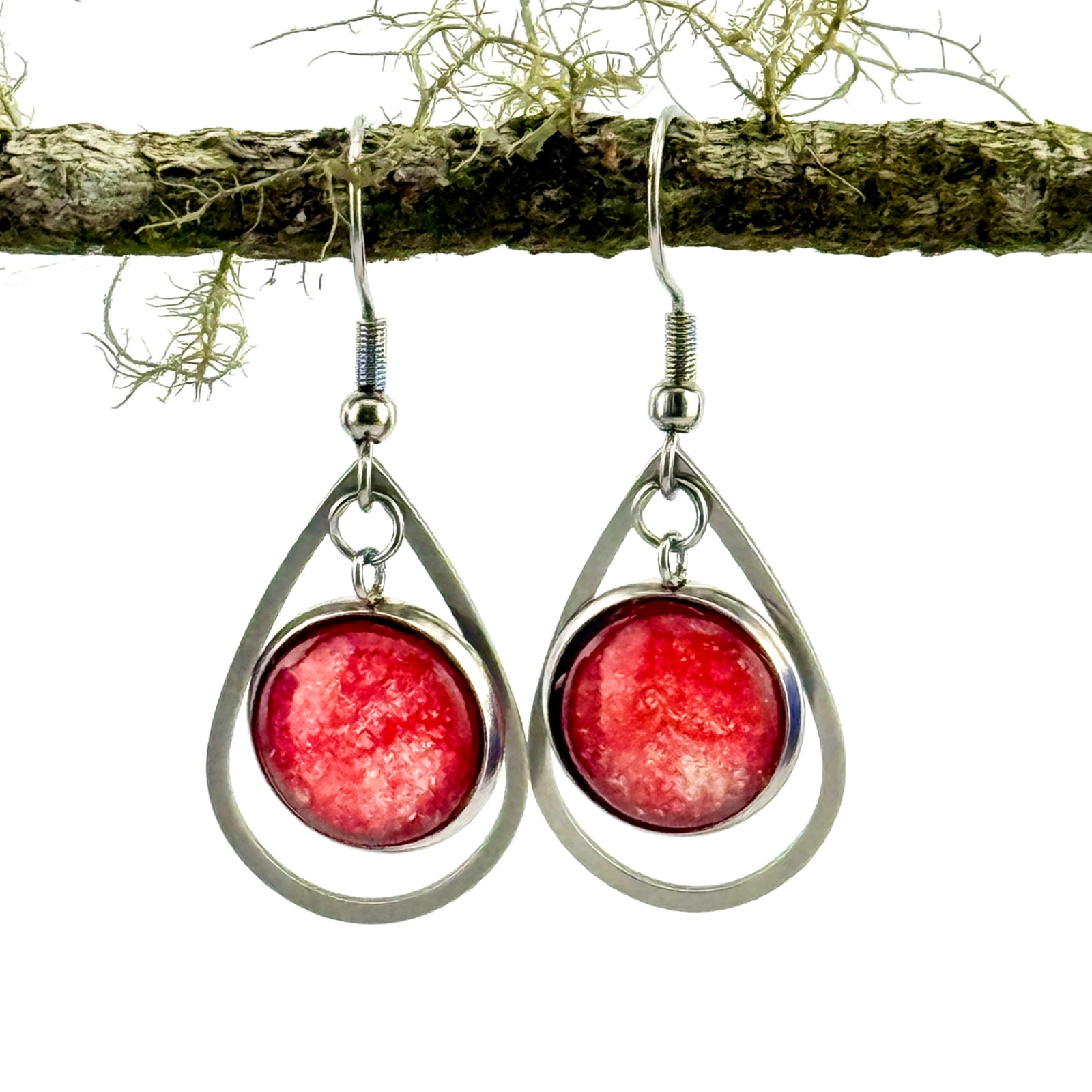 Dangle Earrings Handmade “Sparkly Red Teardrop” Sterling Silver French Earwires
