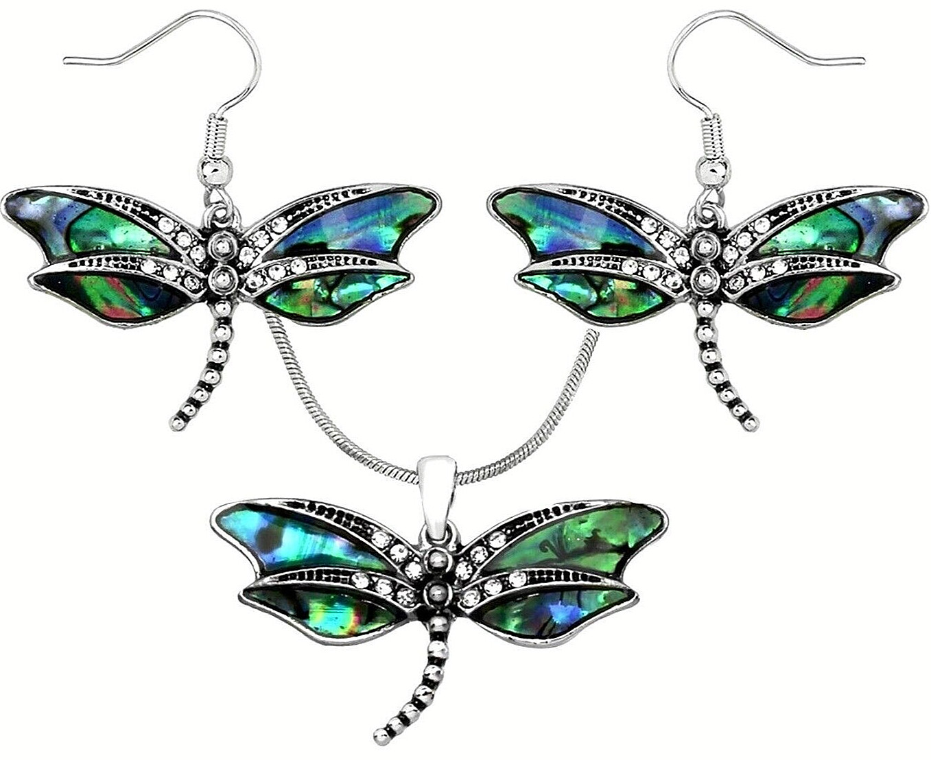 Dragonfly Pendant Necklace and Earrings Set Abalone Shell Accent & Gift Box