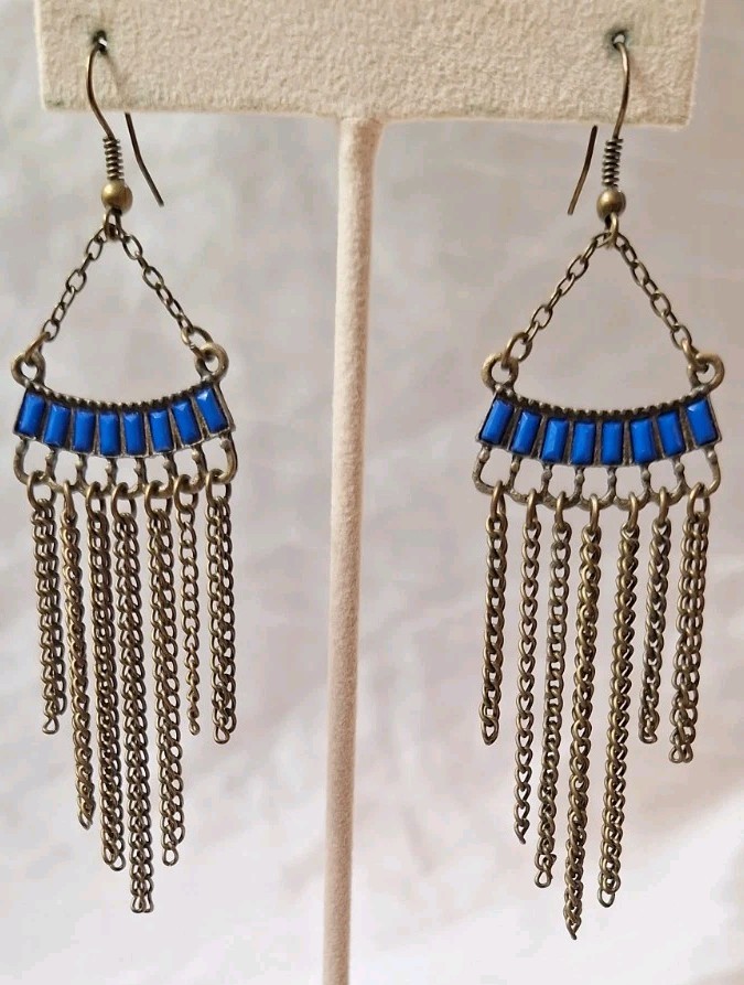 NWOT Boho Drop Dangle Bronzetone Chain Tassel Pierced Earrings Blue Accent 3.5″L