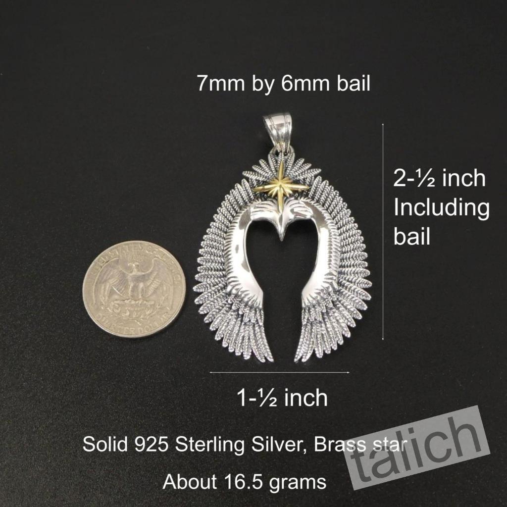 925 Sterling Silver Detailed Open Wing Eagle Pendant with Brass Star Two Sizes