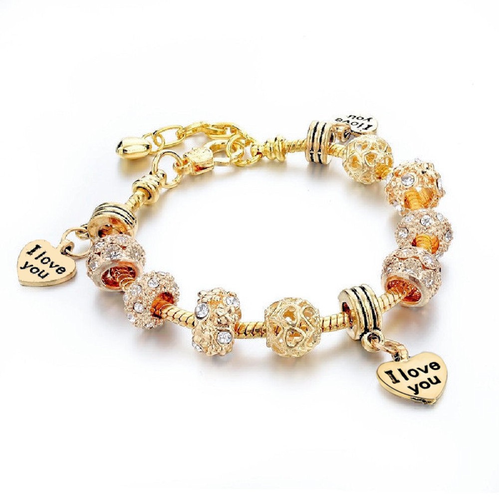 I Love You Heart Charm Bracelet Gold Crystal Beads Anniversary Gift Women 18cm