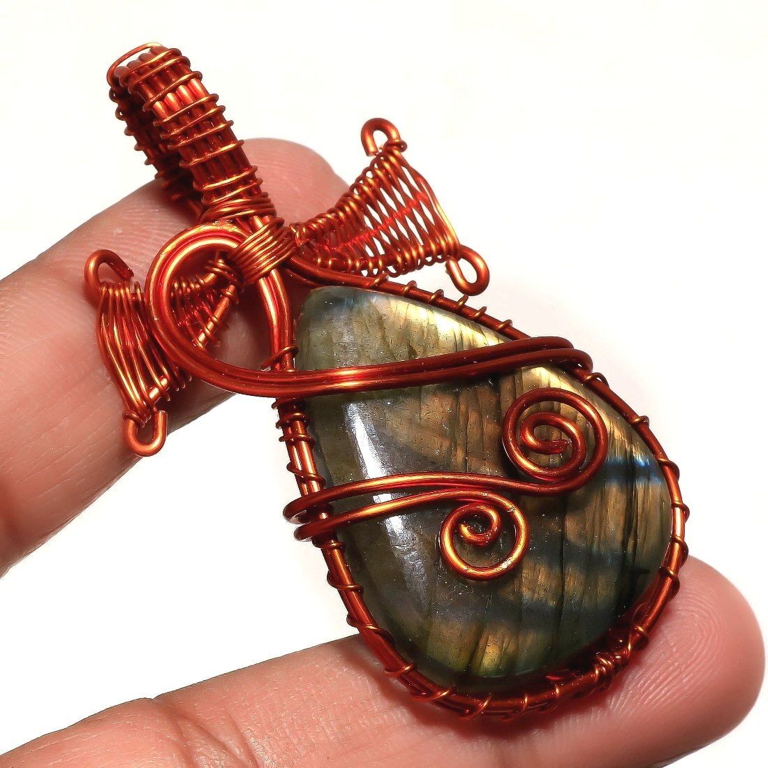 Blue Fire Labradorite Gemstone Copper Pendant Handmade Wire Wrap Jewelry 2.5″ u0